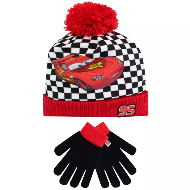 Disney Cars Lightning McQueen Hat and Gloves Set Kids Boys Hat With Pom Poms Red