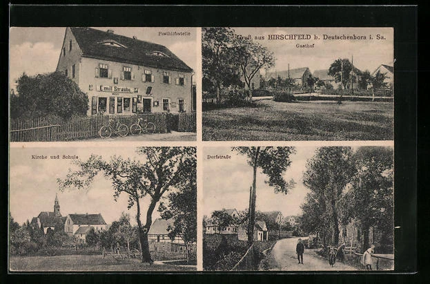 AK Hirschfeld bei Deutschenbora /Sa., Gasthof, Posthilfsstelle, Kirche und Schu