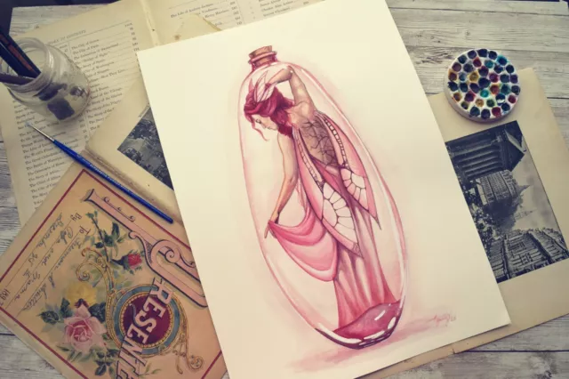 Watercolor Painting Cute Pink Fairy Potion Bottle ORIGINAL Artwork Signed