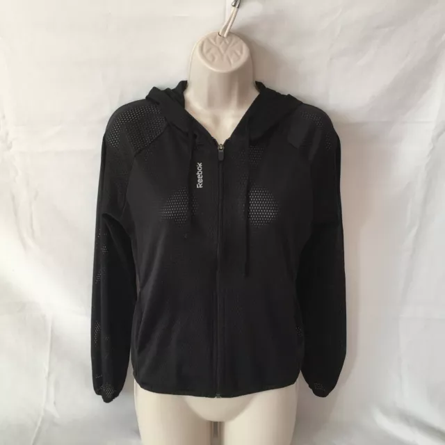 Reebok Mesh Hooded Jacket XS Black Activewear Workout Woman’s Running Zip