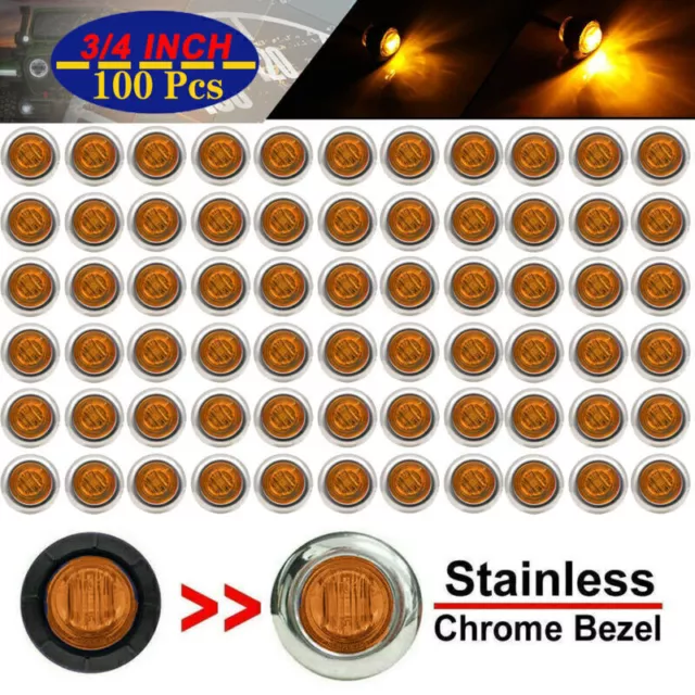 100X Amber 3/4" Round Side 3 LED Marker Trailer Bullet Chrome Stainless Lamps