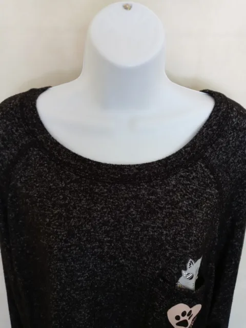 Bobs From Skechers Womens Plus 3X Long Sleeve Shirt Kitty Cat Heart Pocket Logo