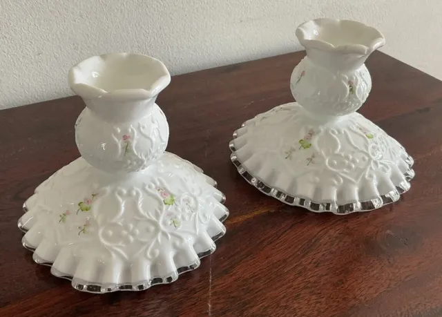 Pair Of Fenton Silver Crest Violets in the Snow Spanish Lace Candlesticks 2