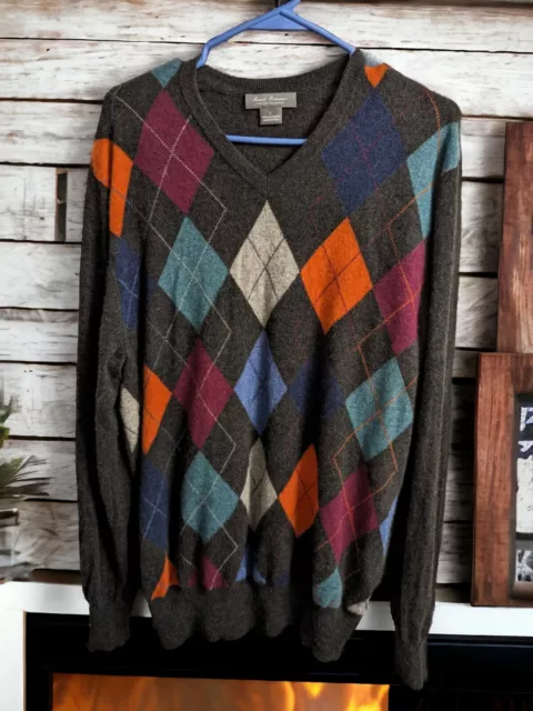 Daniel Cremieux Signature Collection 100% Cashmere Argyle V-Neck Sweater Mens Lg