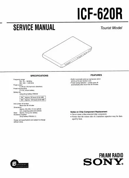 MANUEL D'ENTRETIEN SONY Icf-620R Inc Schéma Diagramme En Anglais Fm Am