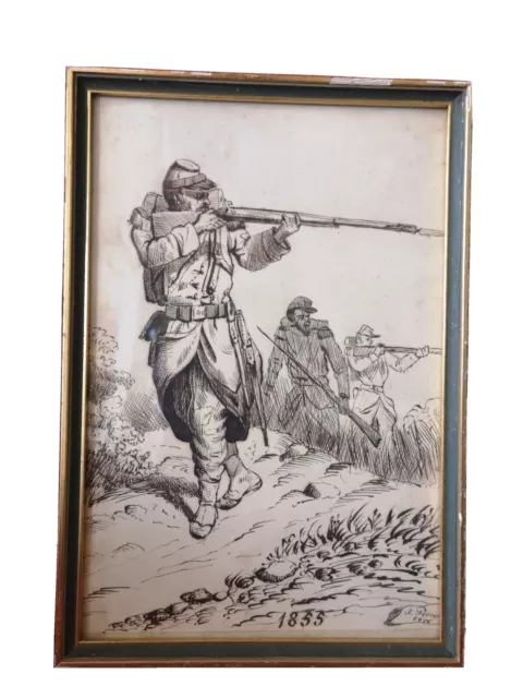 Tableau. Gravure. Plume. Soldats au combat daté et signé. 1855