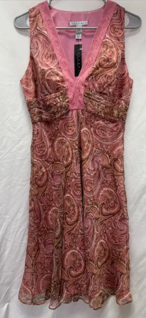 Laundry By Shelli Segal Silk Pink Paisley MIDI Dress Shift Lace Detail Sz 8