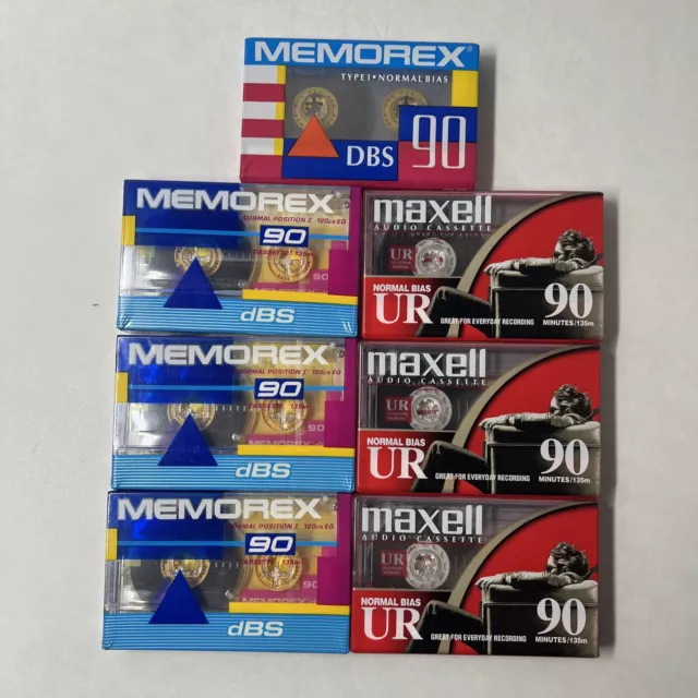 Lot Of 7 Cassette Tapes New, 3 Maxell UR-90 Normal-Bias, 4 Memorex DBS 90 Normal