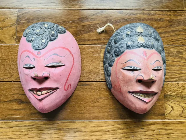 Bali Java Javanese Indonesia Mask Pair Lot Set Wood Carved Vintage Topeng Art