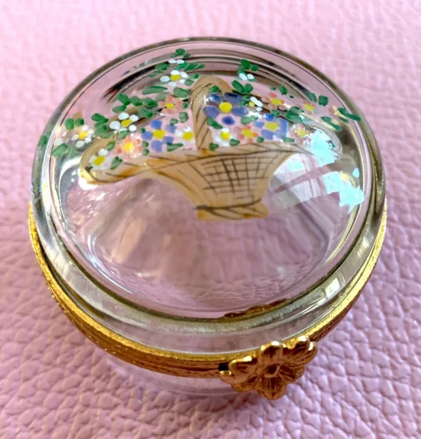 Boîte circulaire en verre miniature décor peint main panier de fleurs collection