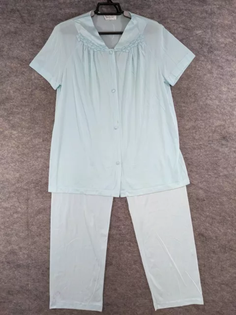 Vtg Vanity Fair Pajama Set Womens Medium Blue Button-Up Top Pull-On Pants