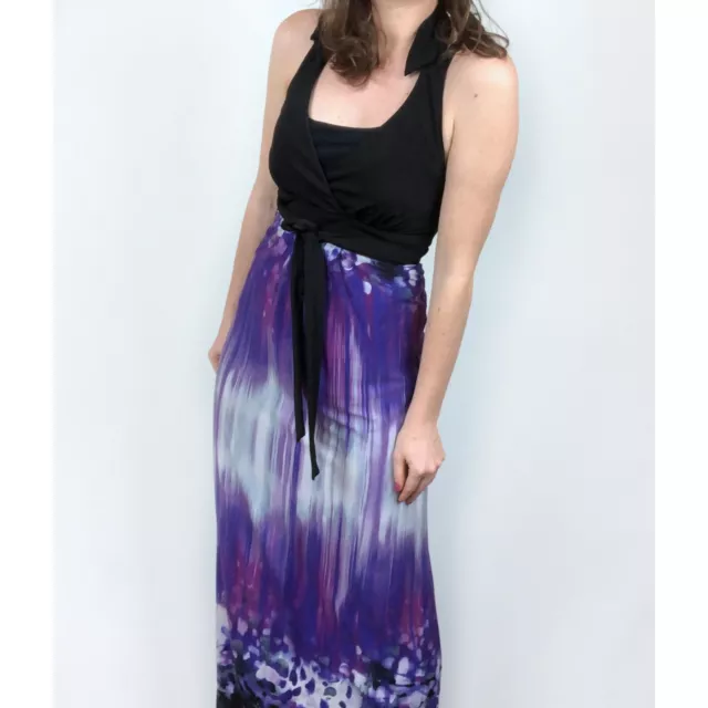 Love Tease Halter Maxi Long Dress Purple Black Women's Size Small Watercolor Tie