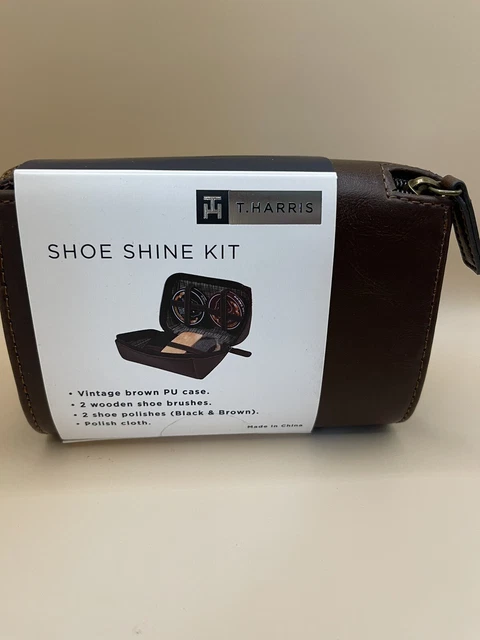 Men’s Shoe Shine Kit T. Harris Vintage Brown PU Case Travel Work Set