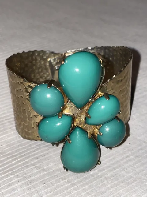 Women’s Hammered Gold toned Cuff Turquoise Teal Stone Fashion Bracelet Statement