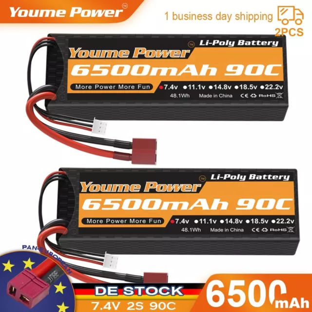 2Stück 7,4V 2S 6500mAh 90C Lipo AkkuHard case Deans für Rc Car Truck Auto-Akku