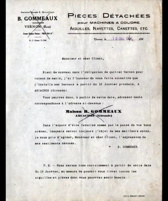 VERNON / ARCACHON (27 / 33) MACHINES à COUDRE "GUILLOTEAUX / GOMMEAUX" en 1944