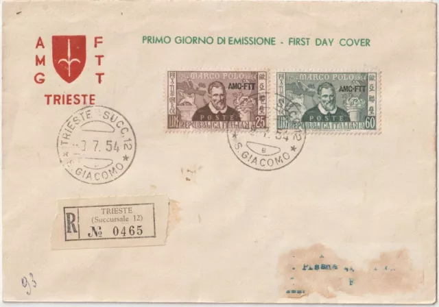ITALY1954 TRIESTE ZONE A occupation ANGLO AMERICAN MARCO POLO ON REGISTERD FDC