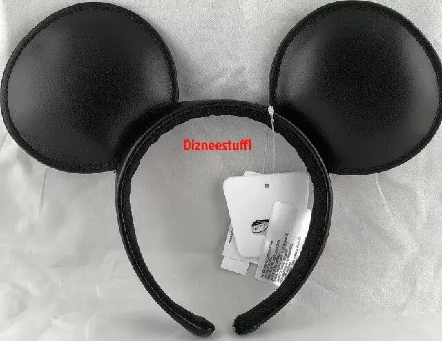 Disney  Mickey Mouse Ears Headband Solid Black Leather Vinyl Signature NEW USA
