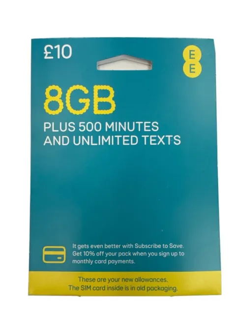 New Preloaded Sim 8GB Data 500 Mins Unlimited SMS EE Sim Card Pay As You Go Pack