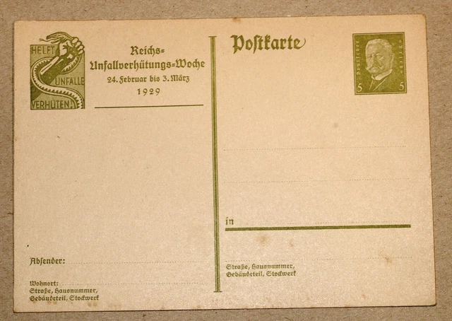 Ganzsache Deutsches Reich P186 Unfallverhütung Sonderpostkarte Hindenburg 5 Pfg.