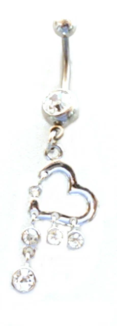 Belly Ring Heart Open w/Clear Charms Dangle Naval Steel Body Jewelry