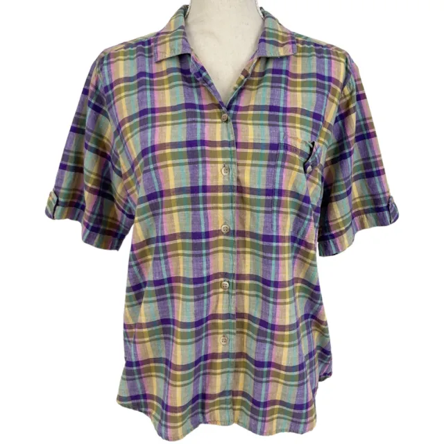 Vintage Cricket Lane Short Sleeve Colorful Plaid Cotton Button Up Shirt Womens M