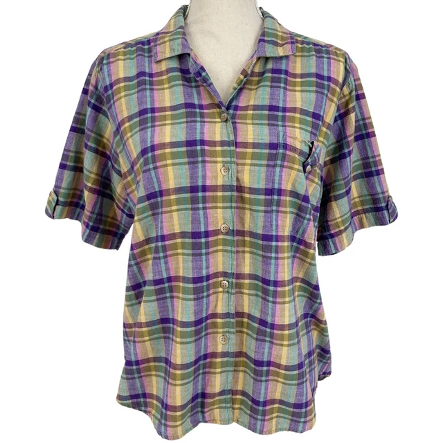 Vintage Cricket Lane Short Sleeve Colorful Plaid Cotton Button Up Shirt Womens M