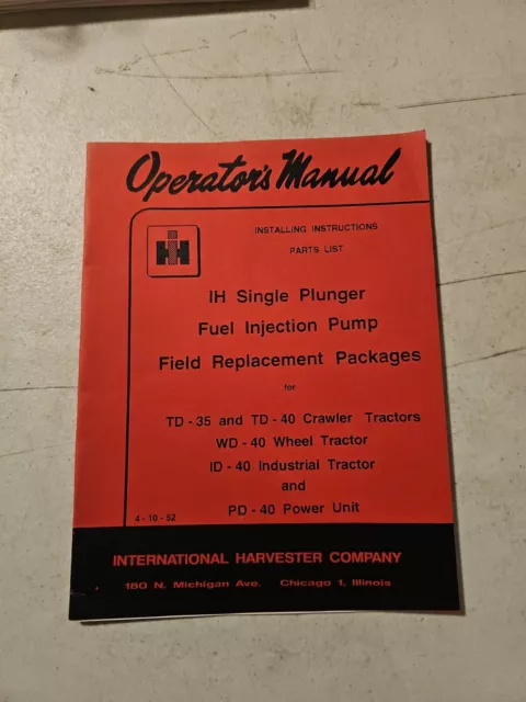 International Harvester Single Plunger Fuel Injection Pump Instructions Partlist