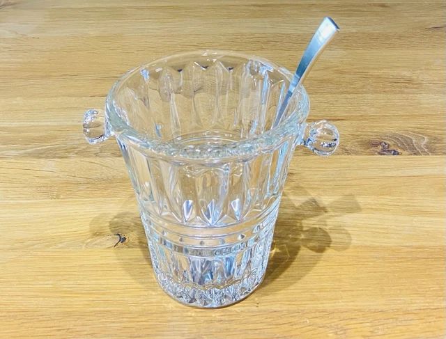 Seau à Glaçons Vintage En Verre Gravé épis De Blé – France 1960-70 – Avec Cuillère Dorée