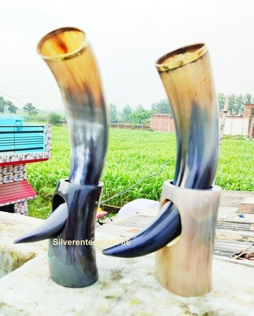 Set Of 2 Viking Drinking Horn with Stand, Game of Thrones Medieval Beer Tankard