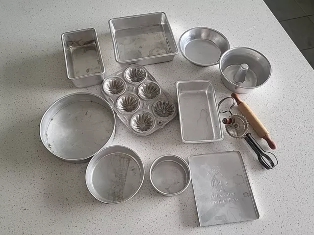 Vintage Aluminum Tin Child Baking Set  Cookie Sheet, Cake Pans, Muffins,  SET 12