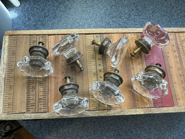 7 Vintage Antique glass 8 sided Pulls drawer cabinet knobs Faceted 1 3/4 Deco