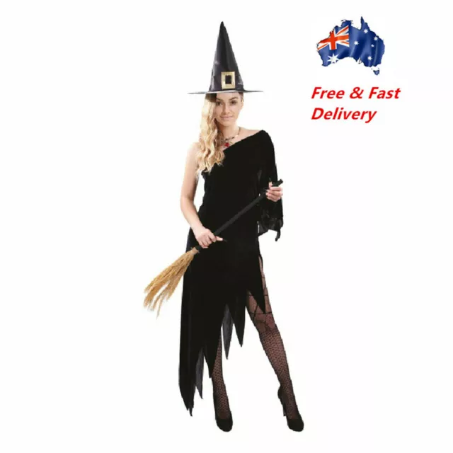 Halloween Adult Womens Deluxe Witch Black One Shoulder Gothic Dress Lady Costume