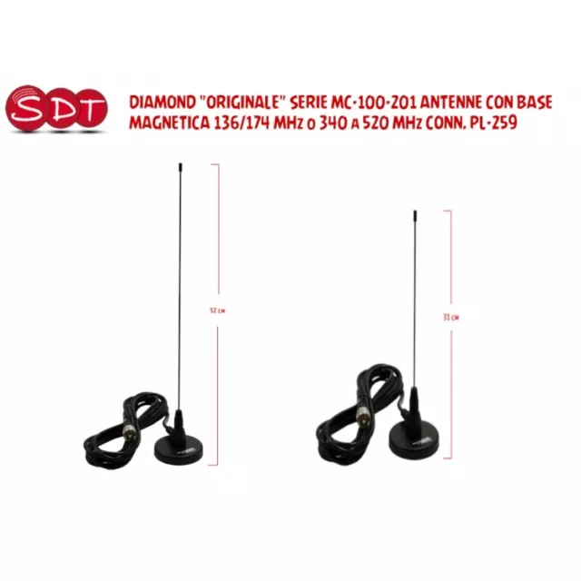 DIAMOND "ORIGINALE" SERIE MC-100-201 ANTENNE CON BASE MAGNETICA 136/174 MHz o 34