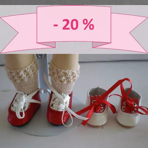 -20% - Lot de 2 CHAUSSURES en CUIR "Jackie" pour POUPEE BLEUETTE  ROUGE-BLANC