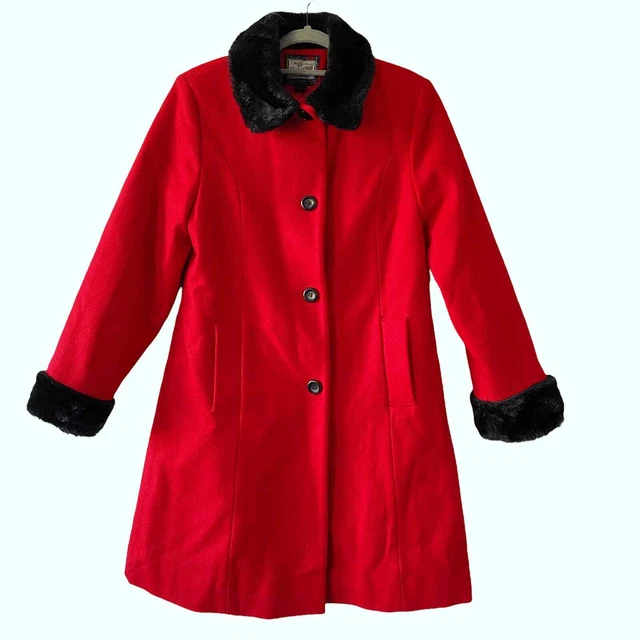 Vintage Rothschild Girls Size 16 Red Wool Fur Trim Long Dress Coat