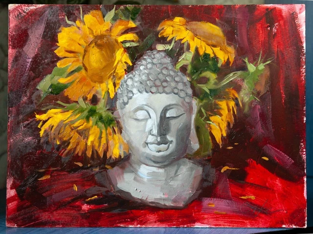 Pittura a olio spirituale originale Still Life - Statua di Buddha con girasoli