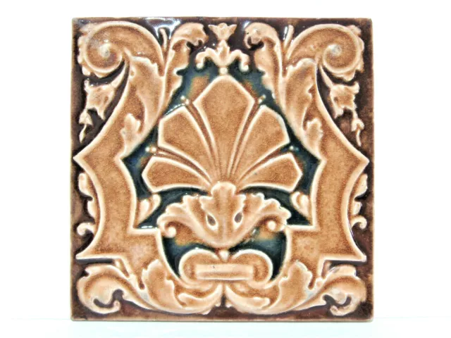 Antique c1900 Art Nouveau Majolica Glazed Fireplace Tile 6" Brown Blue Reclaimed
