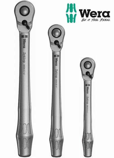 WERA 1/4" 3/8" & 1/2" Zyklop 8004 Switch Lever Reversible Metal Slim Ratchet Set