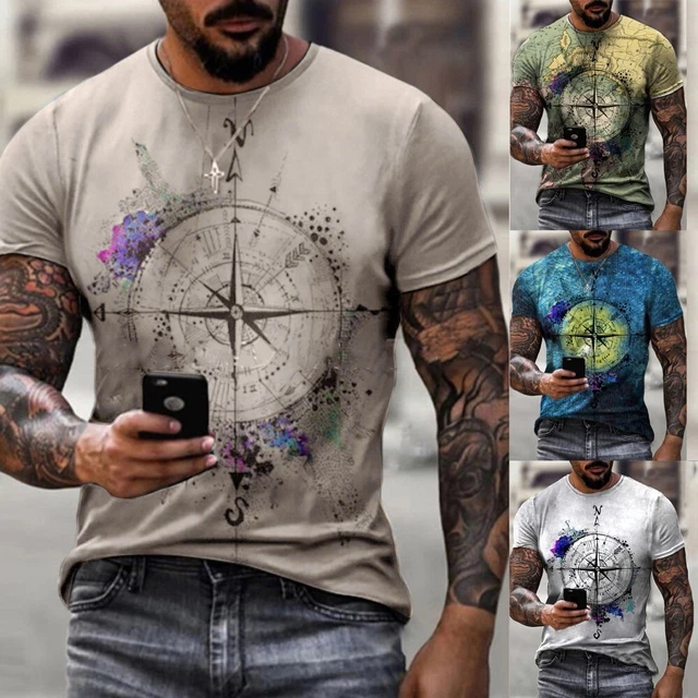 Camicia uomo stampata in 3D scollo rotondo maniche corte muscoli sportivi top