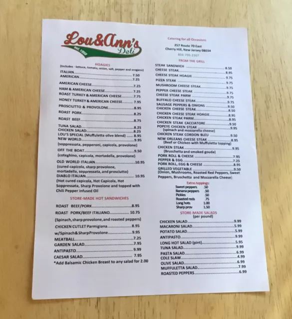 Menu Ephemera Lou & Anne’s Deli Route 70 East Cherry Hill New Jersey Hoagies NJ