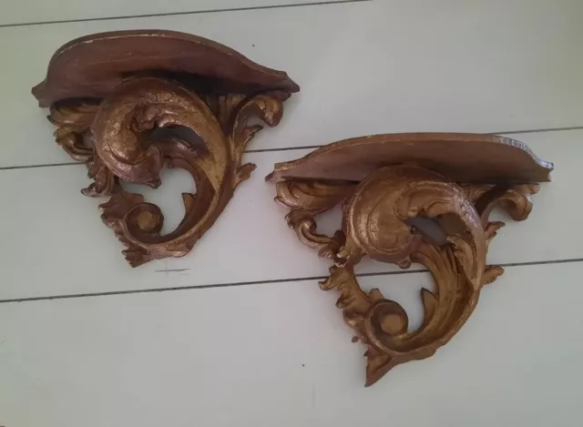 Antique Pair of Gold Wall Shelves Acanthus Leaf Gesso Light Weight