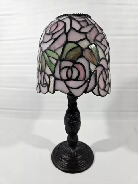 Stained Glass Lamp Candle Holder Pink Roses Tiffany Style PartyLite