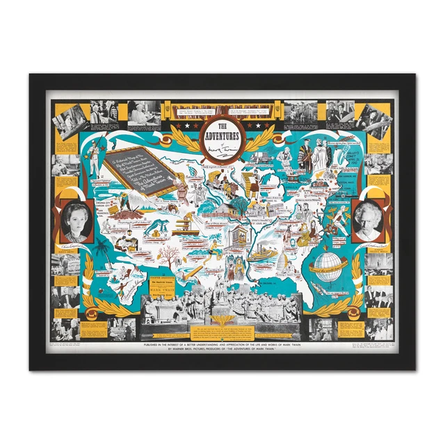 PICTORIAL 1944 MAP Adventures Mark Twain USA Framed Wall Art Print 18X24 In £31.99 - PicClick UK