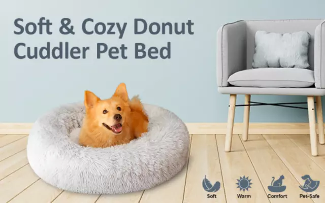 Dog Bed, Comfortable Round Donut Cuddler Pet Bed, Self-Warming Faux Fur Dog Cat