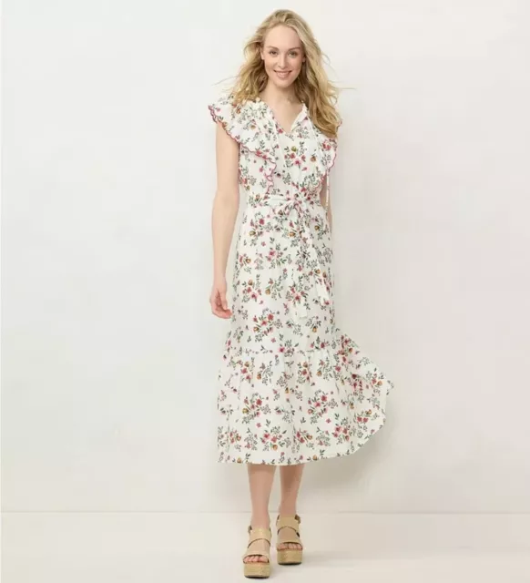 LC Lauren Conrad Scalloped Ruffle Sleeve Floral Midi Dress White Women's M New