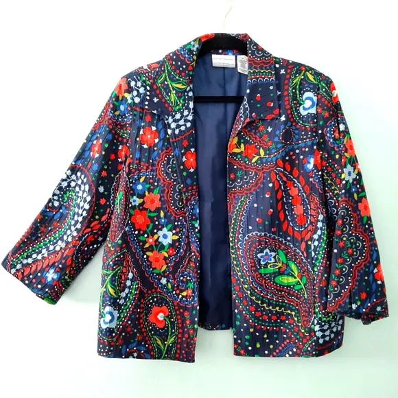 Alfred Dunner Blue Colorful Floral Paisley Lined Open Drape Jacket Textured 16P