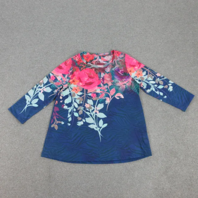 Soft Surroundings Shirt Womens Large Blue Pink Rose Floral Long Sleeve Pullover