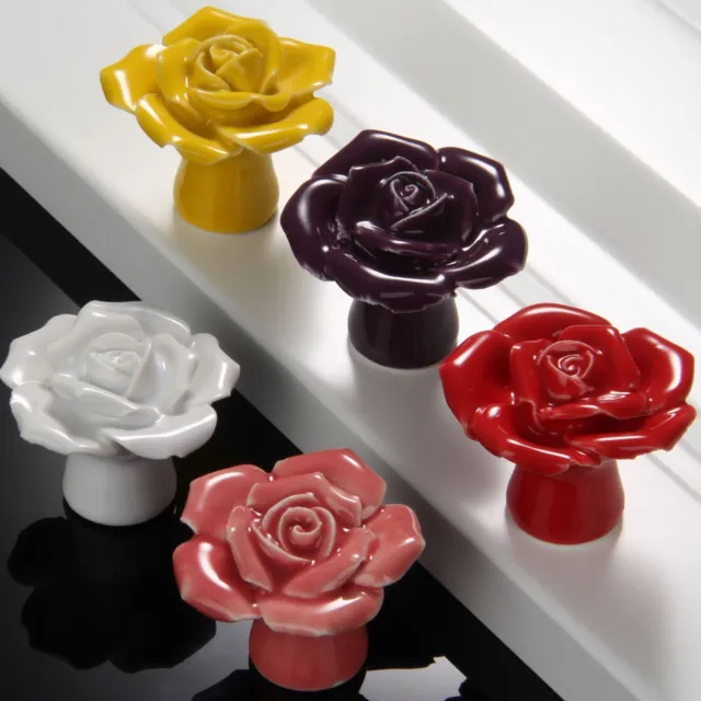 5× Retro Ceramic Door Rose Pulls Knobs Cabinet Cupboard Closet Drawer Handles