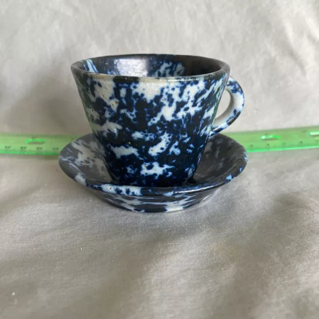 Studio Art Pottery Cobalt Blue & White Splatter Ware Sponge Ware Cup & Saucer